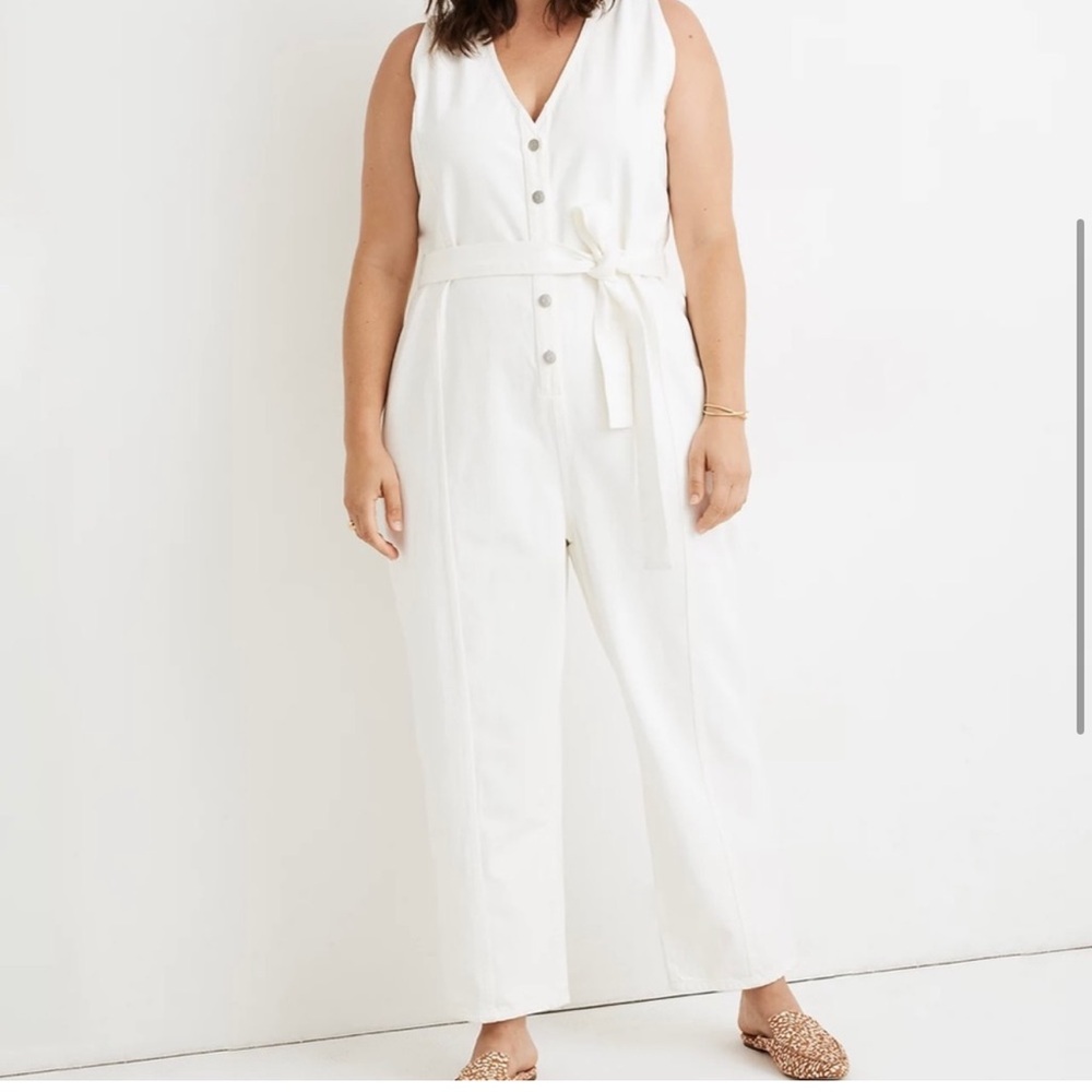 Madewell Denim Sleeveless Tie-Waist Jumpsuit in Tile White XL